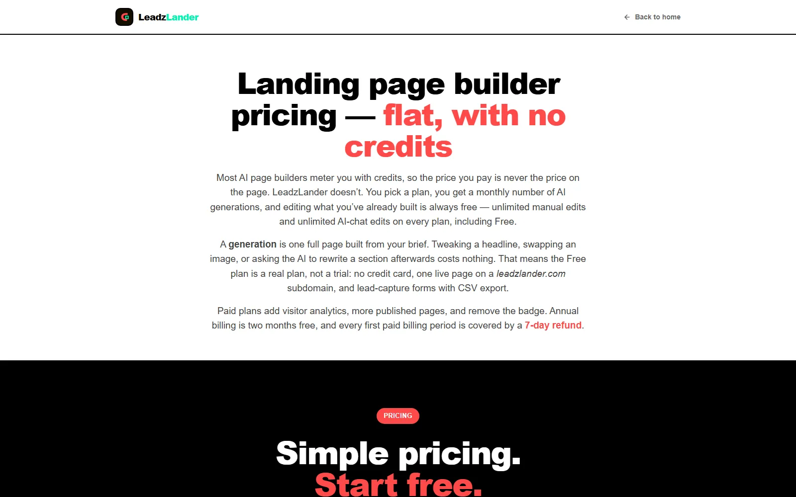 The LeadzLander pricing page, headlined "Landing page builder pricing, flat, with no credits", explaining that editing a page after generation is always free.