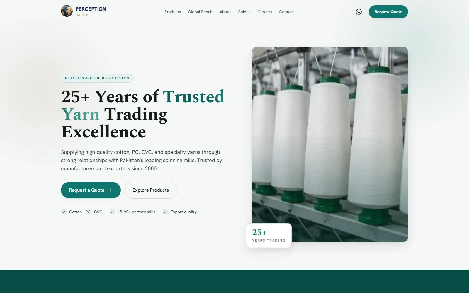 The Perception Impex homepage, headlined "25+ Years of Trusted Yarn Trading Excellence" beside a photograph of yarn cones on a spinning frame, with a request-a-quote call to action.