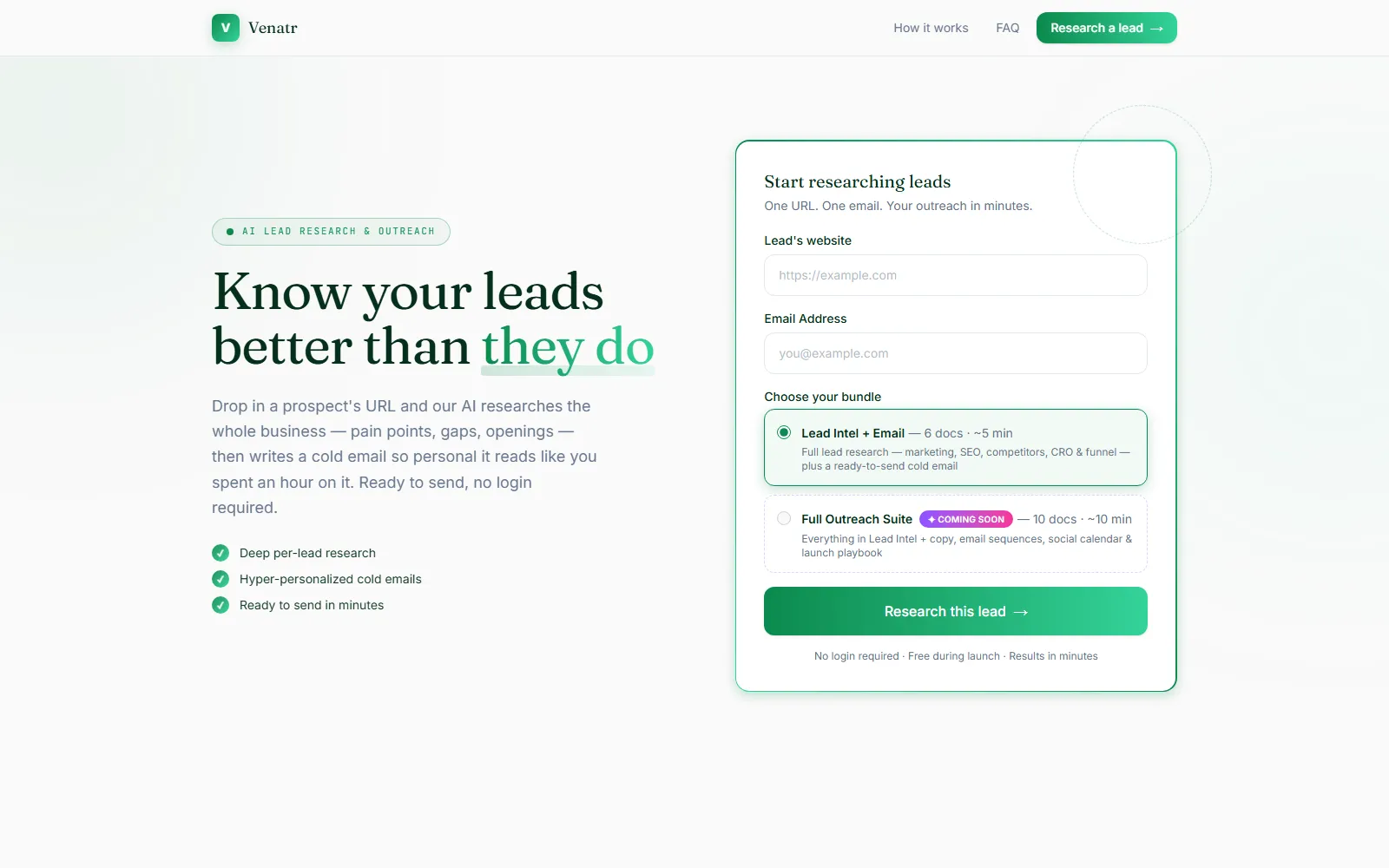 The Venatr interface, headlined "Know your leads better than they do", beside a form asking for a lead's website and the research bundle to run.